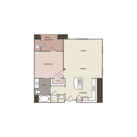 A floor plan of a house with a living room, dining room, kitchen, bedroom, bathroom, and entry.